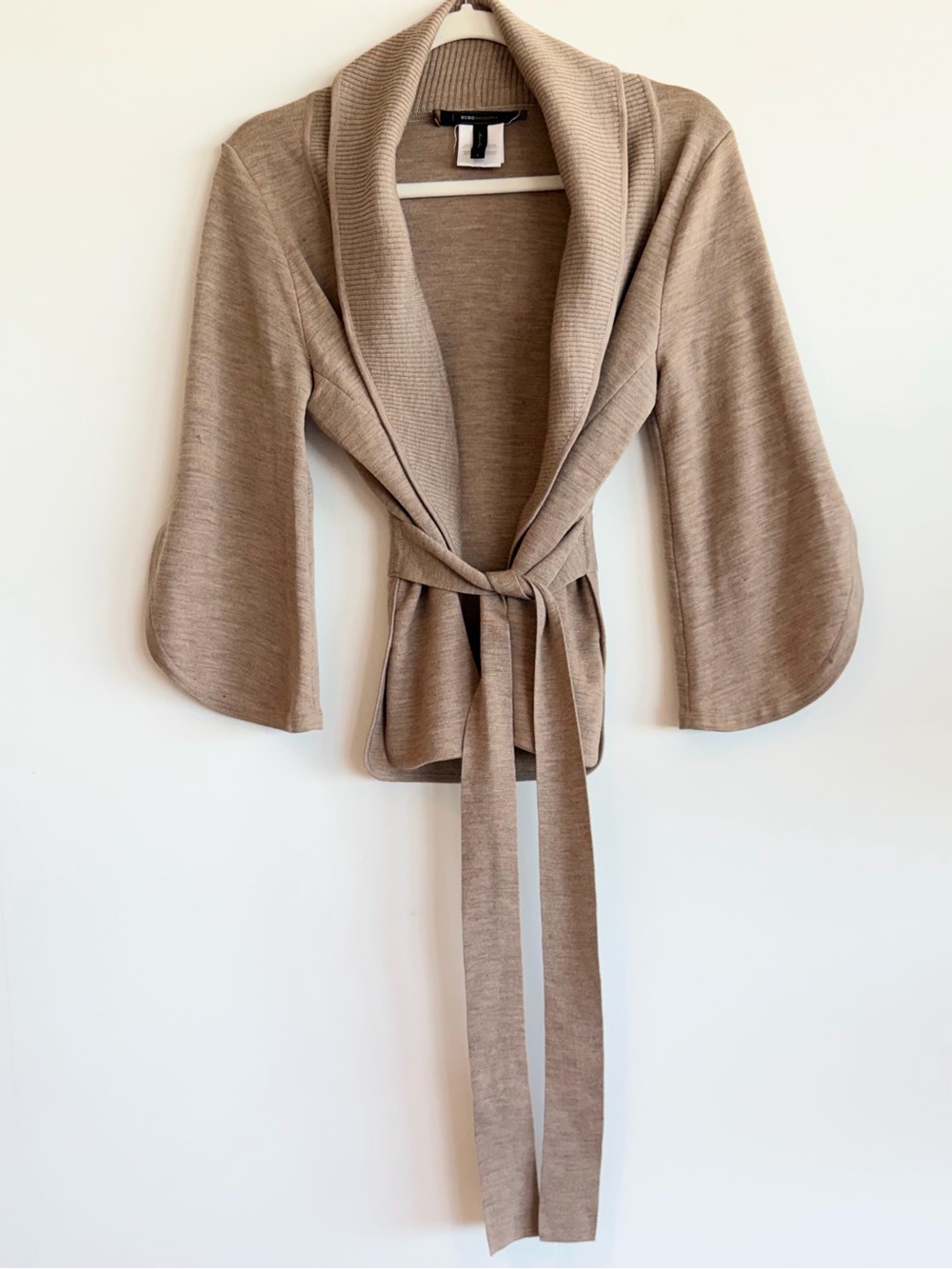 BCBGMAXAZRIA Merino Wool Belted Wrap Cardigan Camel S